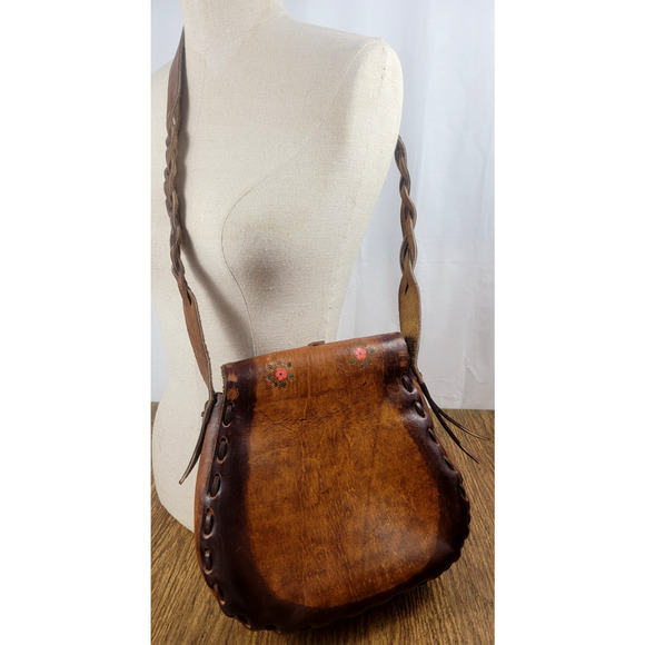 Title: Vintage 70s Handpainted Tooled Leather Shoulder Bag Boho Western Hippie - Picture 2 of 11